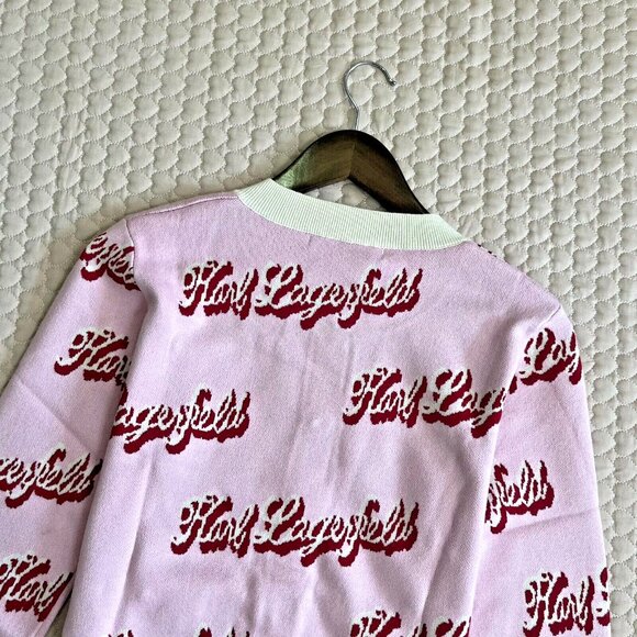 $399 NWT Karl Lagerfeld Women Pink Logo Cardigan Sweater Jacket Rhinestone Heart - Picture 12 of 14